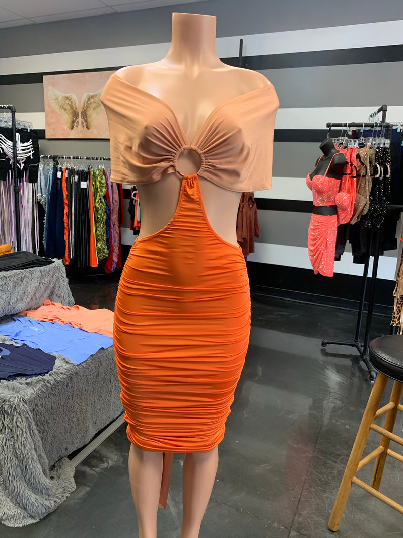 Nude Orange Ruched Back Out Dress
