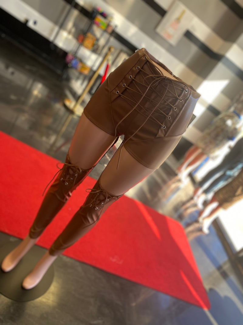 Brown Leather Cut Out Tie Up Pants